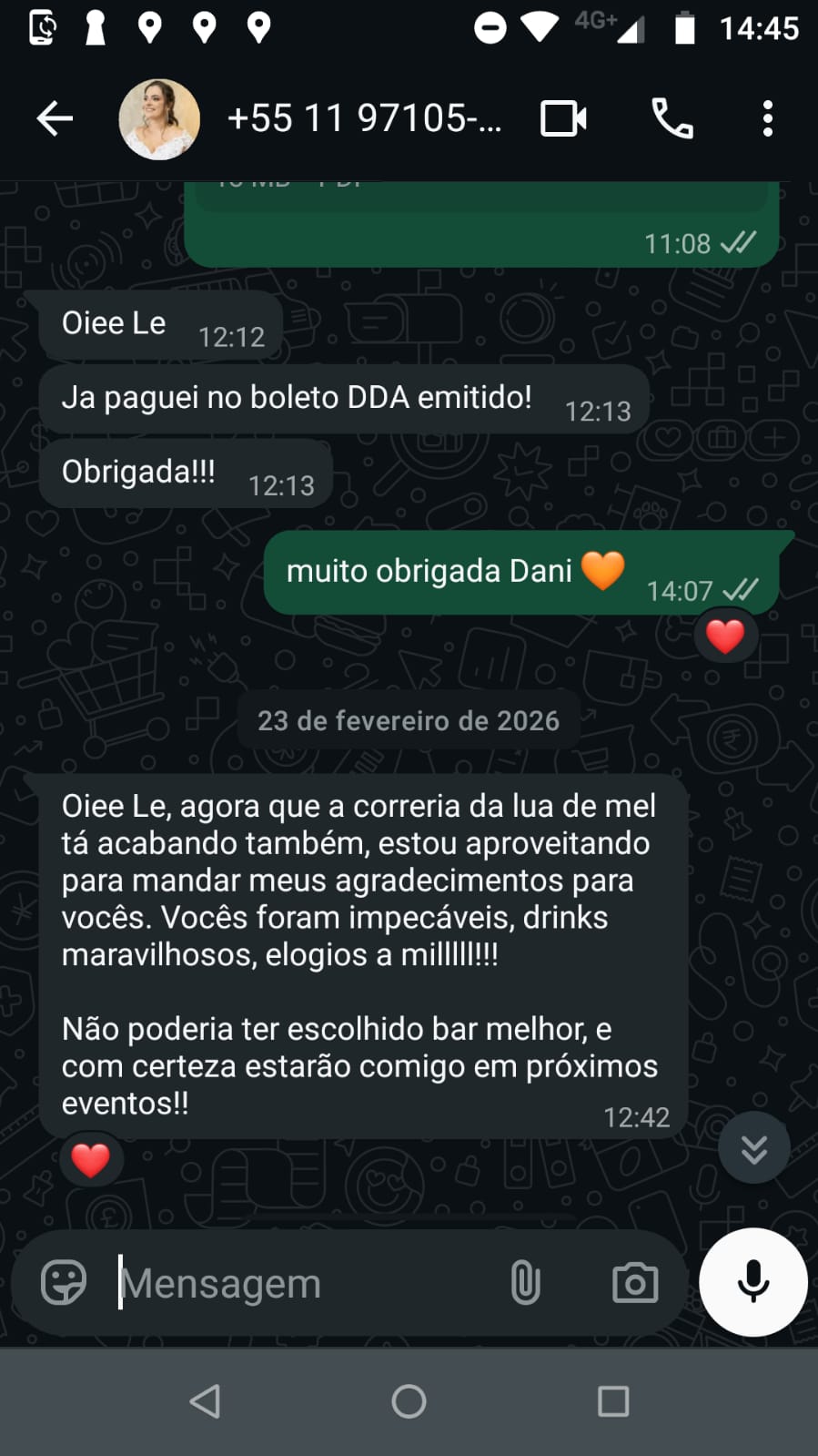 Print de WhatsApp da Daniela agradecendo a Chapa Drinks