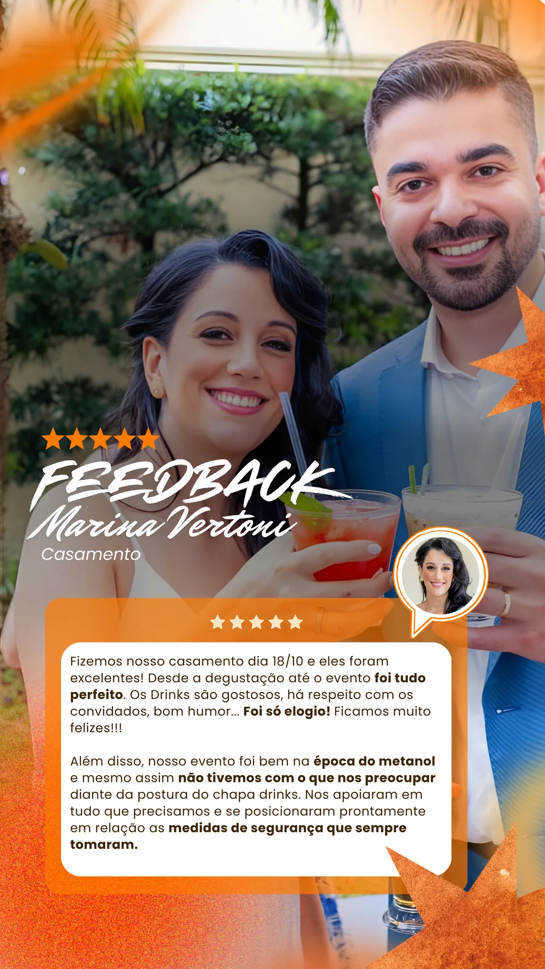 Arte de feedback de Marina e Vinícius sobre casamento com a Chapa Drinks